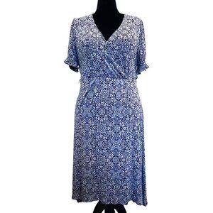 Navy White Print Faux Wrap High-Low Midi Dress XL — Studio B by Bobeau